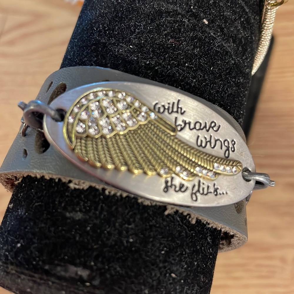 Brown leather wrap bracelet with angel wing